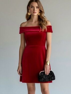 Karen Millen Bandeau Red Velvet Dress SZ 8 Corset Holiday Christmas Event Party